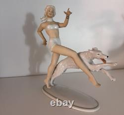 Vintage Germany Porcelain Figurine Woman With A Greyhound 1960s Schaubach-Kunst