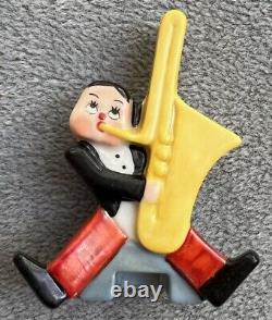 Vintage Goebel Jazz Band Man Place Card Holder Bud Vase Figurine Bass Saxophone