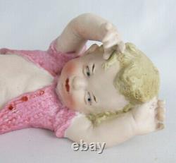 Vintage Heubach Germany Bisque Piano Baby Girl in Pink Knit PJ's 7 1/2 Figurine