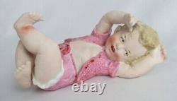 Vintage Heubach Germany Bisque Piano Baby Girl in Pink Knit PJ's 7 1/2 Figurine