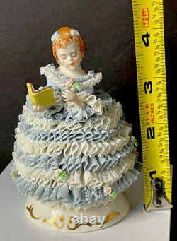 Vintage Irish Dresden Lace Porcelain Figurine Girl Reading a Book Marked MZ