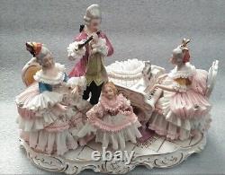 Vintage Large 10 Dresden Art Pink lace figurine Musical Quartet Piano Flute