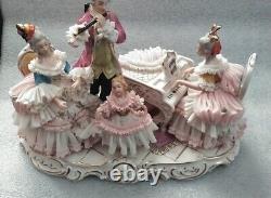 Vintage Large 10 Dresden Art Pink lace figurine Musical Quartet Piano Flute