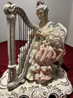 Vintage Large Dresden Porcelain Lace Figurine Harp (Germany)