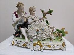 Vintage Large Unterweissbach German Dresden Porcelain Young Couple Lace Figurine