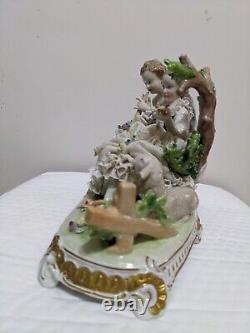 Vintage Large Unterweissbach German Dresden Porcelain Young Couple Lace Figurine