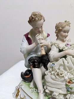 Vintage Large Unterweissbach German Dresden Porcelain Young Couple Lace Figurine