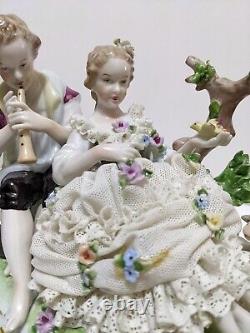 Vintage Large Unterweissbach German Dresden Porcelain Young Couple Lace Figurine