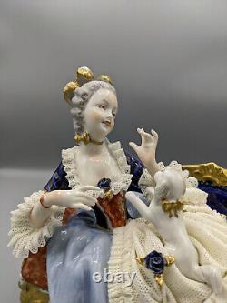 Vintage Large Unterweissbach Germany Dresden Lady W Dog Porcelain Lace Figurine