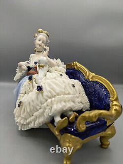 Vintage Large Unterweissbach Germany Dresden Lady W Dog Porcelain Lace Figurine