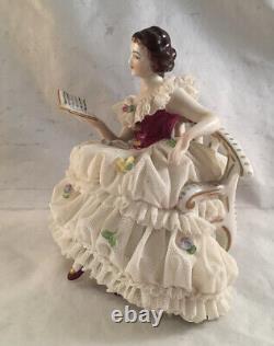 Vintage MV Muller Volkstedt Dresden Germany Lace Porcelain Figure Lady On Couch