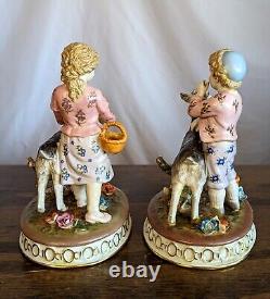 Vintage Meissen Style German Boy & Girl w Goats Flowers Porcelain Figurines 7.5