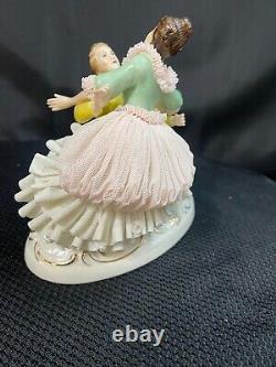 Vintage Porcelain Dresden Pink Lace Loving Couple Figurine, Made in Germany