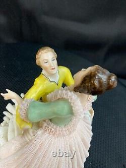 Vintage Porcelain Dresden Pink Lace Loving Couple Figurine, Made in Germany