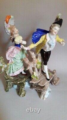 Vintage Porcelain Figurine Statue Couple Girl & Boy Cross Bridge Germany
