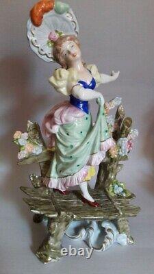 Vintage Porcelain Figurine Statue Couple Girl & Boy Cross Bridge Germany
