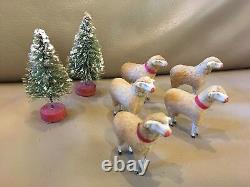 Vintage Putz Christmas 5 Sheep Lamb Nativity Wooly Stick Leg 2 Trees Germany
