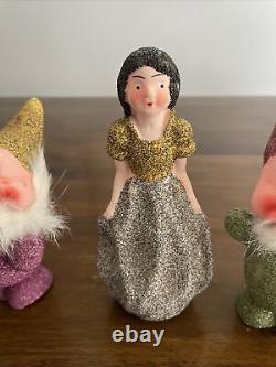 Vintage Rare Putz Glitter Snow White Seven Dwarfs Christmas Candy Container