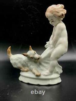 Vintage Rosenthal Germany Porcelain Figurine Boy Playing with Dog Fritz #496