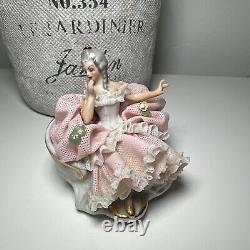 Vintage SIGNED Capodimonte Dresden Lace Lady With Flowers Figurine Porcelain Pink