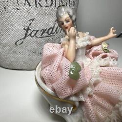 Vintage SIGNED Capodimonte Dresden Lace Lady With Flowers Figurine Porcelain Pink