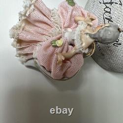 Vintage SIGNED Capodimonte Dresden Lace Lady With Flowers Figurine Porcelain Pink