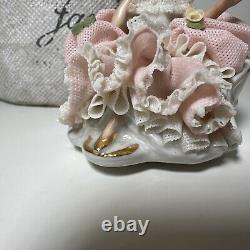 Vintage SIGNED Capodimonte Dresden Lace Lady With Flowers Figurine Porcelain Pink