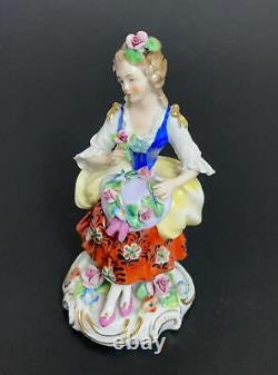 Vintage Sitzendorf Dresden Porcelain Figurine Seated Lady With Floral Bonnet