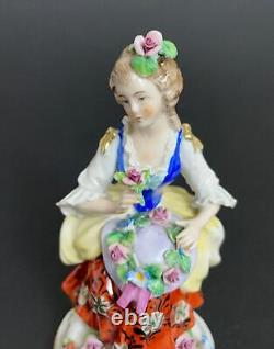 Vintage Sitzendorf Dresden Porcelain Figurine Seated Lady With Floral Bonnet