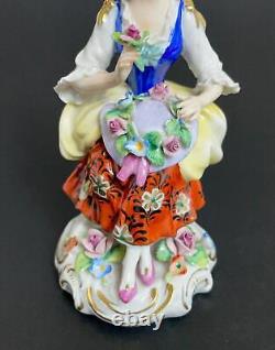 Vintage Sitzendorf Dresden Porcelain Figurine Seated Lady With Floral Bonnet