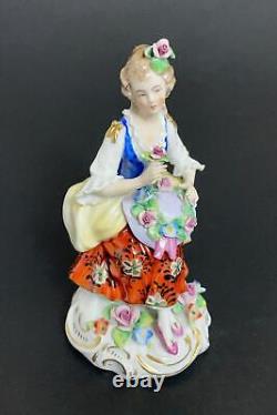 Vintage Sitzendorf Dresden Porcelain Figurine Seated Lady With Floral Bonnet