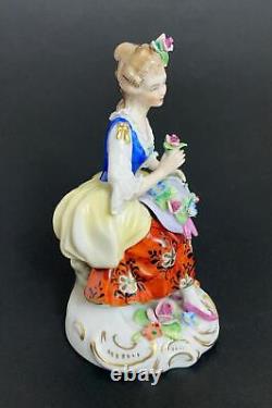 Vintage Sitzendorf Dresden Porcelain Figurine Seated Lady With Floral Bonnet