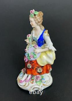 Vintage Sitzendorf Dresden Porcelain Figurine Seated Lady With Floral Bonnet