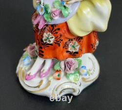 Vintage Sitzendorf Dresden Porcelain Figurine Seated Lady With Floral Bonnet