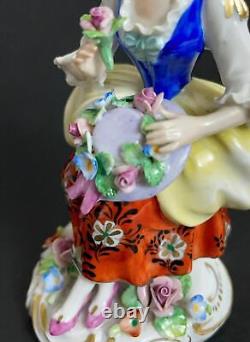 Vintage Sitzendorf Dresden Porcelain Figurine Seated Lady With Floral Bonnet