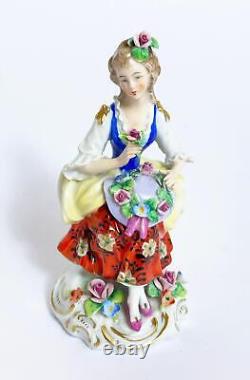 Vintage Sitzendorf Dresden Porcelain Figurine Seated Lady With Floral Bonnet