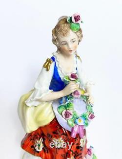 Vintage Sitzendorf Dresden Porcelain Figurine Seated Lady With Floral Bonnet