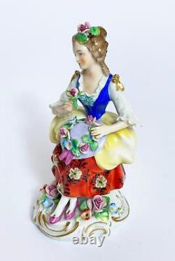 Vintage Sitzendorf Dresden Porcelain Figurine Seated Lady With Floral Bonnet