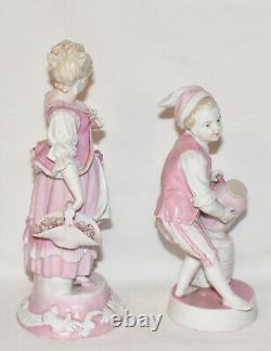 Vintage Sitzendorf Porcelain Figurine Lady w Flowers Boy w Jug Pink White Marked