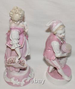 Vintage Sitzendorf Porcelain Figurine Lady w Flowers Boy w Jug Pink White Marked