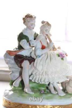 Vintage Unterweissbach Dresden Lace Figurine Couple & Musical Wind Instrument