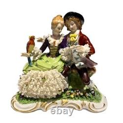 Vintage Unterweissbach Germany Porcelain Dresden Lace Courting Couple Parrot