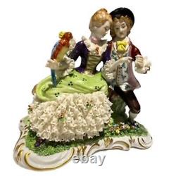 Vintage Unterweissbach Germany Porcelain Dresden Lace Courting Couple Parrot