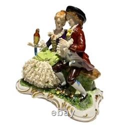 Vintage Unterweissbach Germany Porcelain Dresden Lace Courting Couple Parrot