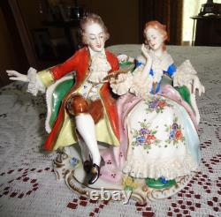 Vintage Volkstedt Dresden German Porcelain Figurine Couple Reading On Settee