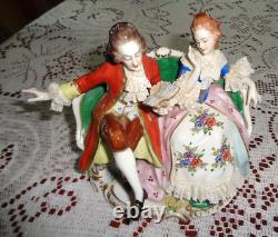 Vintage Volkstedt Dresden German Porcelain Figurine Couple Reading On Settee