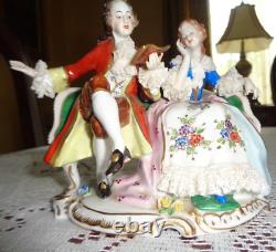 Vintage Volkstedt Dresden German Porcelain Figurine Couple Reading On Settee