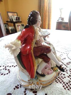 Vintage Volkstedt Dresden German Porcelain Figurine Couple Reading On Settee