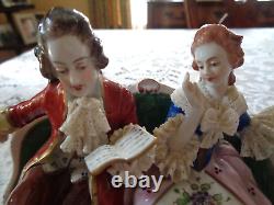 Vintage Volkstedt Dresden German Porcelain Figurine Couple Reading On Settee