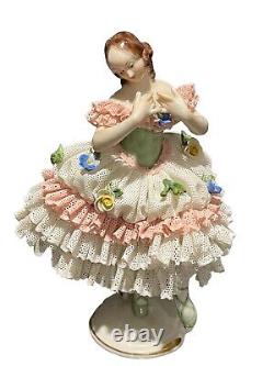 Vintage Volkstedt Dresden Germany Lace Ballerina Dancer With Flowers Figurine